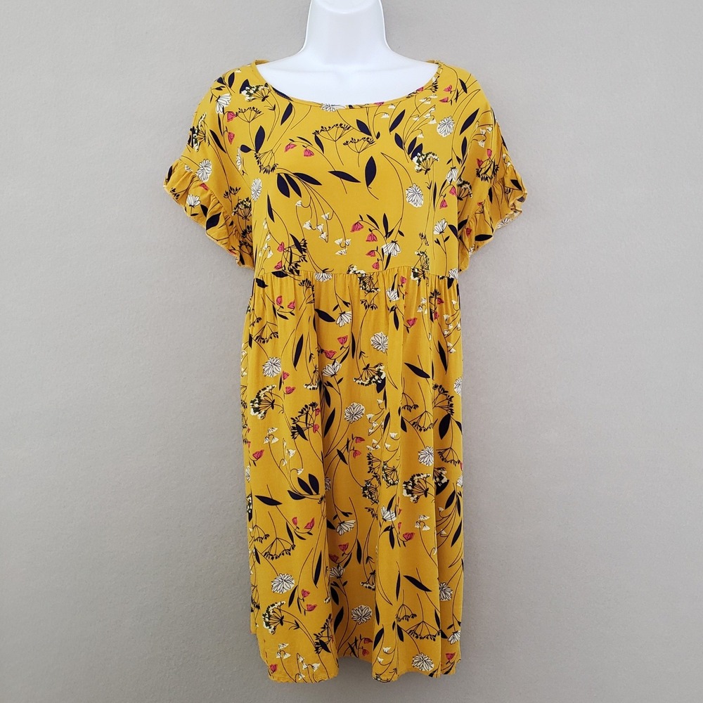 Emery Rose Womens‎ L Babydoll Dress Yellow Floral Ruffle Short Sleeve Summer